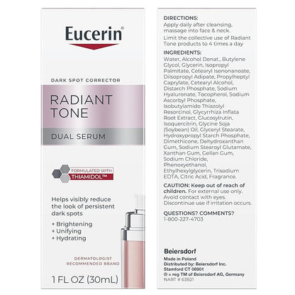 Eucerin Radiant Tone Dual Serum Dark Spot Corrector, Dark Spot Serum with Thiamidol and Hyaluronic Acid, Helps Visibly Reduce the Look of Persistent Dark Spots, 1 Fl Oz Bottle