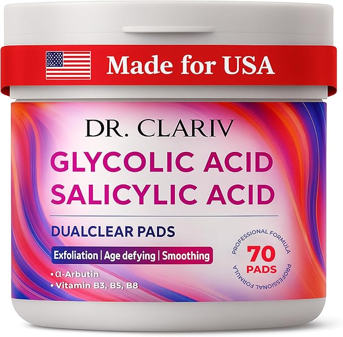 Glycolic Acid Pads for Face – Exfoliating Pads with Salicylic Acid, Niacinamide (B3), Alpha Arbutin, Vitamin B5 & B8 – Toner Pad for Clear Pores, Improve Texture, Even Skin Tone – 70 Count