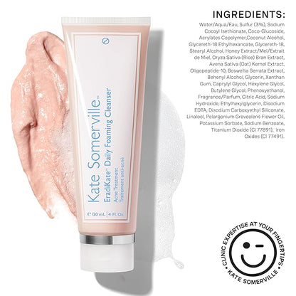 Kate Somerville EradiKate 3% Sulfur Daily Foaming Cleanser Acne Treatment – Clinically Formulated Medicated Face Wash Balances Skin & Cleans Pores, 4 Fl Oz