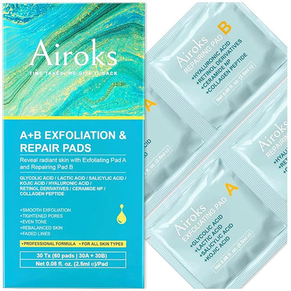 A+B Exfoliating & Repair Face Pads 30 Tx - 2-Step Acid Peel Serum Treatment with Glycolic, Salicylic, Kojic Acid & Retinol Hyaluronic Peptides for Smooth Skin, Pore Minimizer, Hyperpigmentation