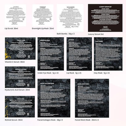 Charcoal Face Sheet Mask Pack, 55Pcs Skin Care Set for Women & Men, Hydrolyzed Real Collagen Mask, Hyaluronic Acid Face Serum, Gel Eye Patches, Gel Lip Mask, Lip Scrub, Christmas, Birthday Gift, Dad